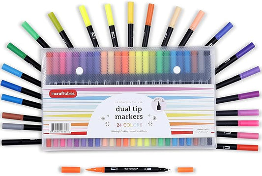 Incraftables Dual Tip Markers (24 Colors) – Adult Coloring, Brush Tip & Fine Tip Markers for Adult Coloring Books, No Bleed Dual Brush Pens