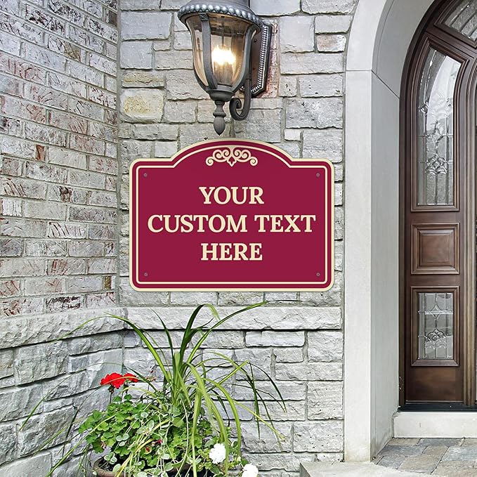 Custom Decorative Sign, Personalized Metal Sign for Driveway, Home, Airbnb, Door Plaque, Burgundy Background Sign, 18x24 Inches, ACM, Fade Resistant, Made in USA by Sigo Signs