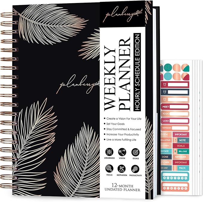 PLANBERRY Large Hourly Schedule Planner Premium – Undated Organizer for Productivity, Time Management & Budget, 8x10.4″ (Onyx Black)