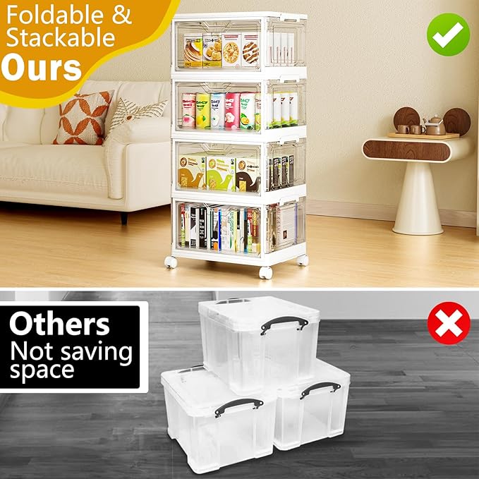 SNSLXH Portable Clear Storage Bins with Lids & Wheels, 24QT Clear Storage Bins with Lids, 4-Tier Plastic Bins with Wheels, Stackable, Magnetic Doors, for Bedroom, Living Room, Office