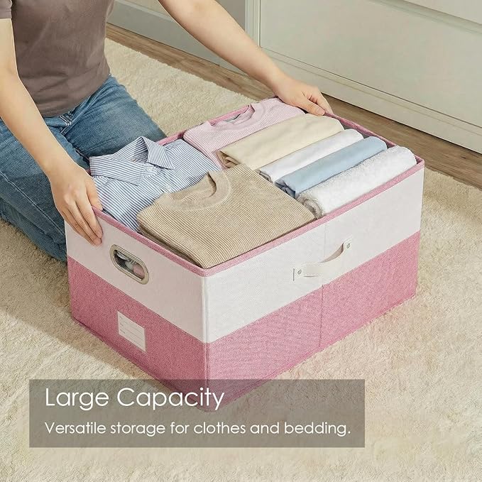 PRANDOM Storage Bins with Lids [3-Pack] Linen Fabric Foldable Storage Boxes Organizer Containers Baskets Cube with Cover for Bedroom Closet Office White&Pink (23.4X15.9X11.4)