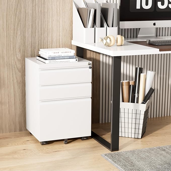 Greenvelly 3 Drawer Mobile File Cabinet with Lock, Fully Assembled Rolling File Cabinet Except Casters, Under Desk File Cabinet with Wheels for Home Office Fit Legal/Letter/A4 File (Assembled, White)