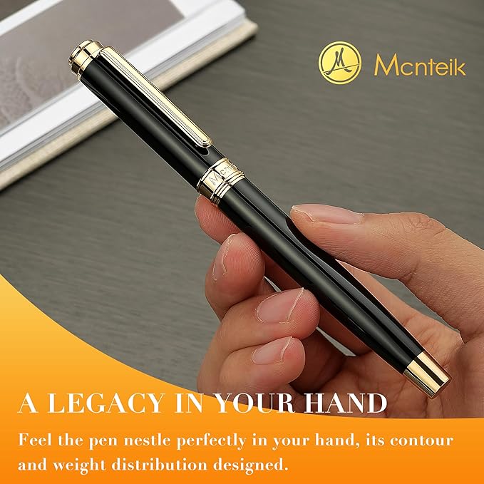 MCNTEIK 317 Fountain Pen,Stunning Luxury Black Piano Lacquer,18K Gilded Nib(Fine),Gorgeous 24K Gold Finish, Ink Converter,Fancy Gift for Men&Women-Elegant,Executive,Office,Nice Pens for Writing