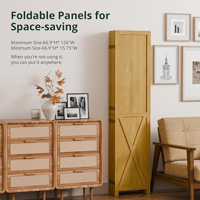 Cozy Castle Wood Room Divider, 8 Panels Folding Privacy Screen, 66.9'' Wall Divider, Barnwood Room Separator, Freestanding Partition, Temporary Wall for for Home Office Restaurant Decorative, Natural