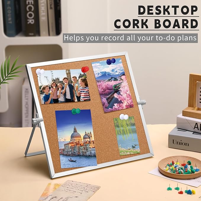 kdafio 11.81"×11.81" Cork Board Bulletin Board, Double Sided Pin Board with Silver Aluminum Border, Desktop Small Cork Board with Stand Suitable for Home, Office, Desk Message Board or Picture Board