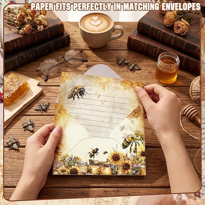 TaoBary 160 Pcs Stationery Paper Set 50 Double Sided Stationery Papers with 50 Matching Envelopes and 60 Round Dot Sticker, 10 Design (Vintage Bee Floral Butterfly,8.25 x 5.5 Inch)