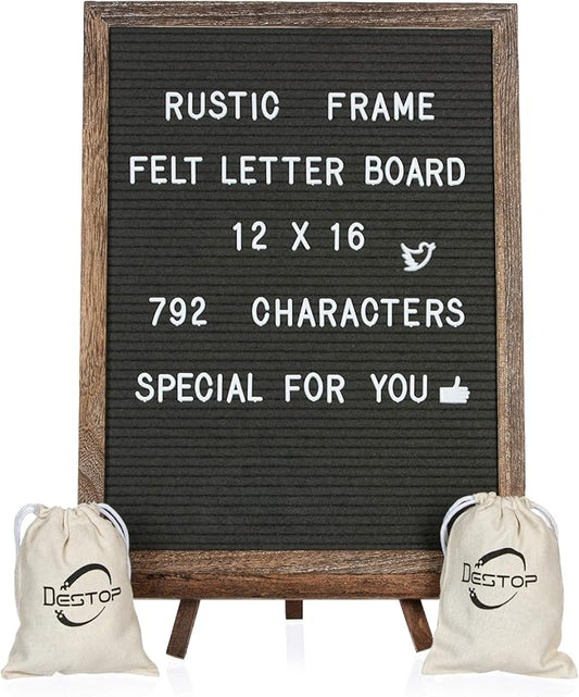 Felt Letter Board with Rustic Vintage Frame and Stand 12x16 inch,Grey Changeable Letter and Message Board Includes 792 Letters, Numbers and Symbols, Hook to Hang, 2 Canvas Bags