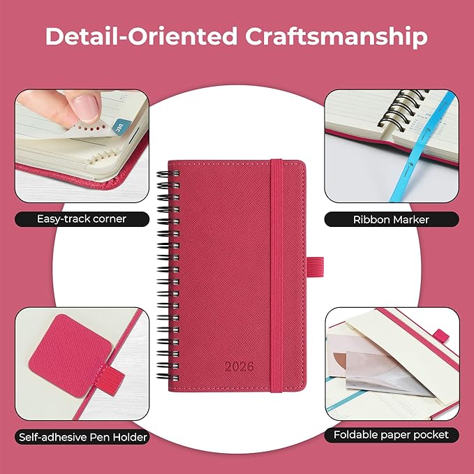 IN-LUXPRO Planner 2026 Daily Weekly and Monthly,6.5"x3.75",12 Months Spiral Bound Calendar Agenda with Self-adhesive Pen Holder,2026 Appointment Book with Vegan Leather Soft Cover,Rose Red