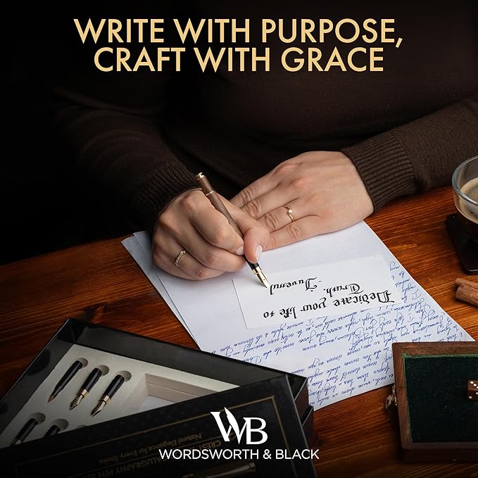 Wordsworth & Black Calligraphy Pen Gift Set, Includes Ink Bottle, 6 Ink Cartridges, Ink Refill Converter, 6 Replacement Nibs, Luxury Bamboo, Journaling, Smooth Writing Pens [Brown Wood]
