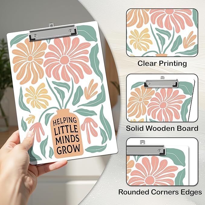 APIILVPQ Teacher Clipboard, Boho Floral Clipboards with Low Profile Clip for Office School Use, Teacher's Day Appreciation Gifts Wooden Clip Boards for Writing Reading - C07