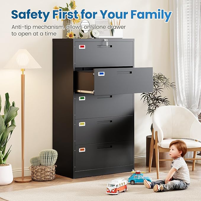 PEUKC 5 Drawer File Cabinet, Lateral Filing Cabinets for Home Office, Office Storage Drawers with Lock, Hanging Files Legal/Letter A4 Size (Assemble Required,Black)