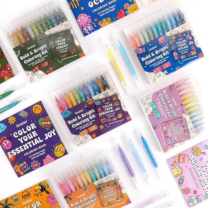 Grabie 5 Themes Value Bundle Bold&Bright Coloring Kit, 60 Colors Acrylic Gel Pens&Coloring Book, Medium Point Colored Gel Pens, Acrylic Gel Ink Pen Assorted Colored for Drawing, Note Taking
