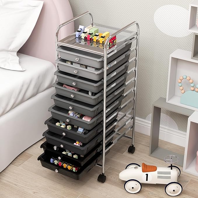 GLACER 10 Drawers Rolling Cart, Storage Cart with w/Removable Drawers & Steel Frame, Utility Mobile Trolley w/Universal Casters & 2 Brakes, Organizer Cart for Home, School, Office (Gradient Grey)