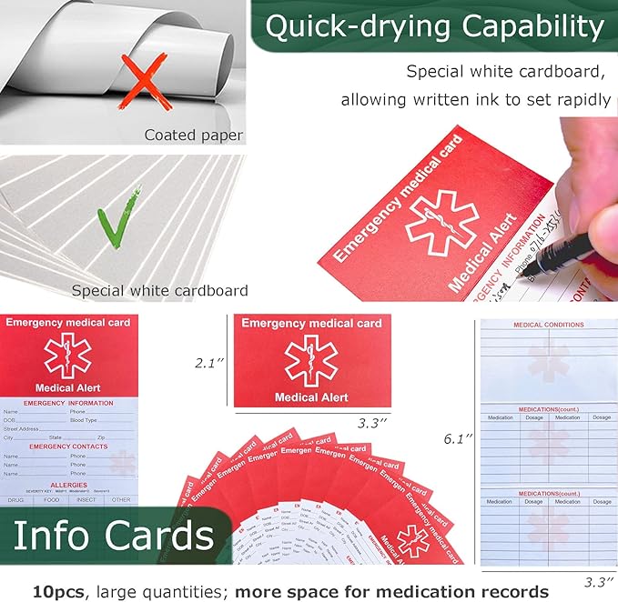 Emergency Contact Card for Wallet 10 Pack with 10 Sleeves, Red Thick Cardstock Medical Alert Allergy Cards for Wallet, Medication List Wallet Size Card for Phone, Handbags, Retirement Community
