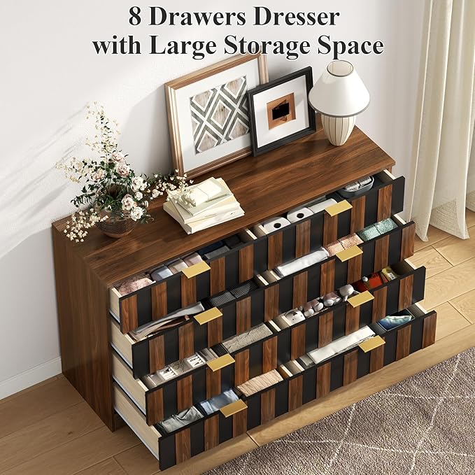 8 Drawer Dresser for Bedroom, Modern Double Dresser, 48" Wide Chest of Drawers with Anti-Tipping & Metal Handles, Mid Century Wooden Storage TV Stand, Closet Dresser for Living Room, Entryway, Walnut
