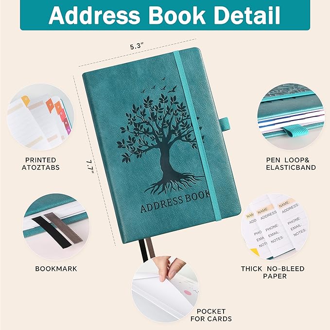 ZXHQ Address Book with Colorful Alphabetical Tabs (8.4" x 5.8") - Address Books for Seniors Hardcover Telephone and Contact Organizer, with Space for Important Website Passwords - Seagreen