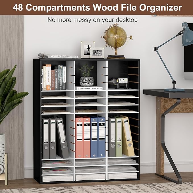 EasyPAG Wooden Literature Organizer with Adjustable Shelves, 48 Compartments Office Paper Organizer Storage 24000 Sheets Letter Size Paper, Student Mailbox for Classroom, Black/White