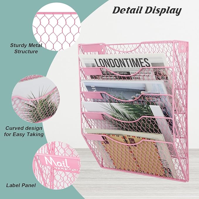EASEPRES Mail Organizer Wall Mount Hanging File Holder Storage, Metal Chicken Wire Magazine Rack 5 Tier, Pink