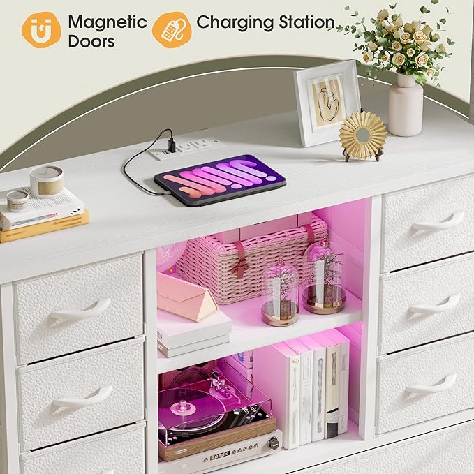 EnHomee Dresser for Bedroom with Drawers, Charging Station & LED Light, Large White Dresser for Hallway, Living Room, Entryway, Wooden Top, Metal Frame, 50.6" H x 37.8" W x 11.8" D