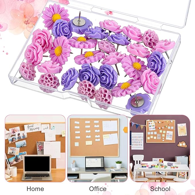 XLIUAX 40Pcs Flower Push Pins, Rose Thumb Tacks Cute Pink Thumbtacks for Cork Board Decorative Push Pins for Bulletin Board Photos Wall Maps Offices (Purple)