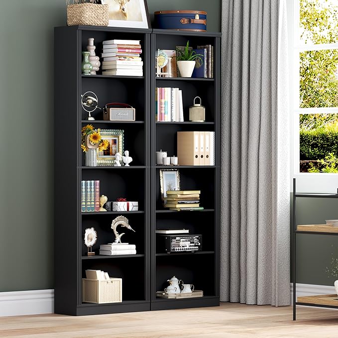BORNOON 75" Tall Bookshelf, 6-Tier Floor Standing Bookcase with Adjustable Shelves, 24" Wide Open Storage Shelf, Modern Display Organizer for Home Office, Living Room, Bedroom, Study