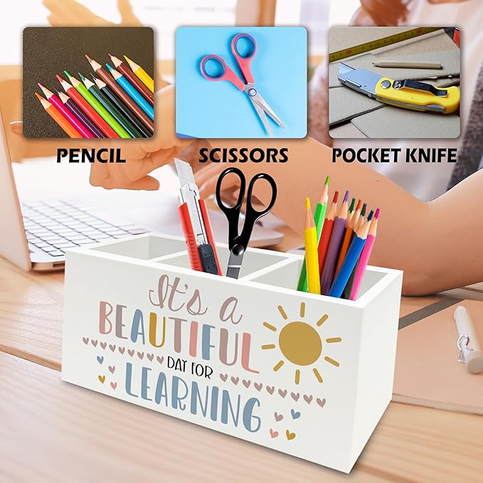 QZQE Boho Classroom Pen Pencil Holder Organizer for Desk, It's a Beautiful Day for Learning Wooden Box Signs Decorations for Home Office Desk Tabletop, Boho Classroom Decor