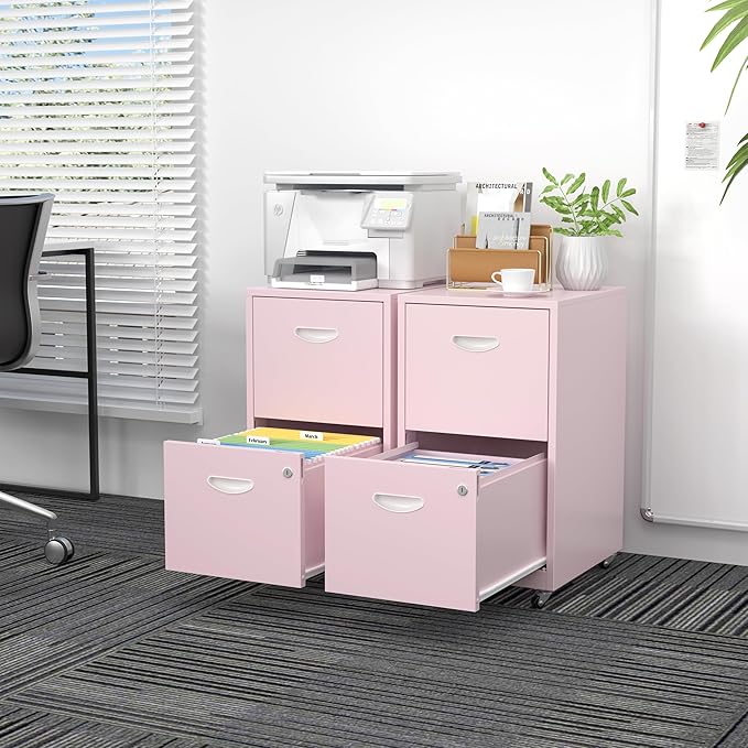 SteeLoong 2 Drawer File Cabinet with Lock，Pink Rolling File Cabinet for Home Office, Metal Small Mobile Filing Cabinets on Wheels for Hanging Letter