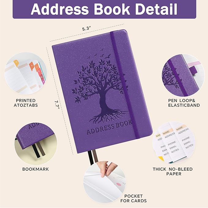 ZXHQ Address Book with Colorful Alphabetical Tabs (8.4" x 5.8") - Address Books for Seniors Hardcover Telephone and Contact Organizer, with Space for Important Website Passwords - Purple