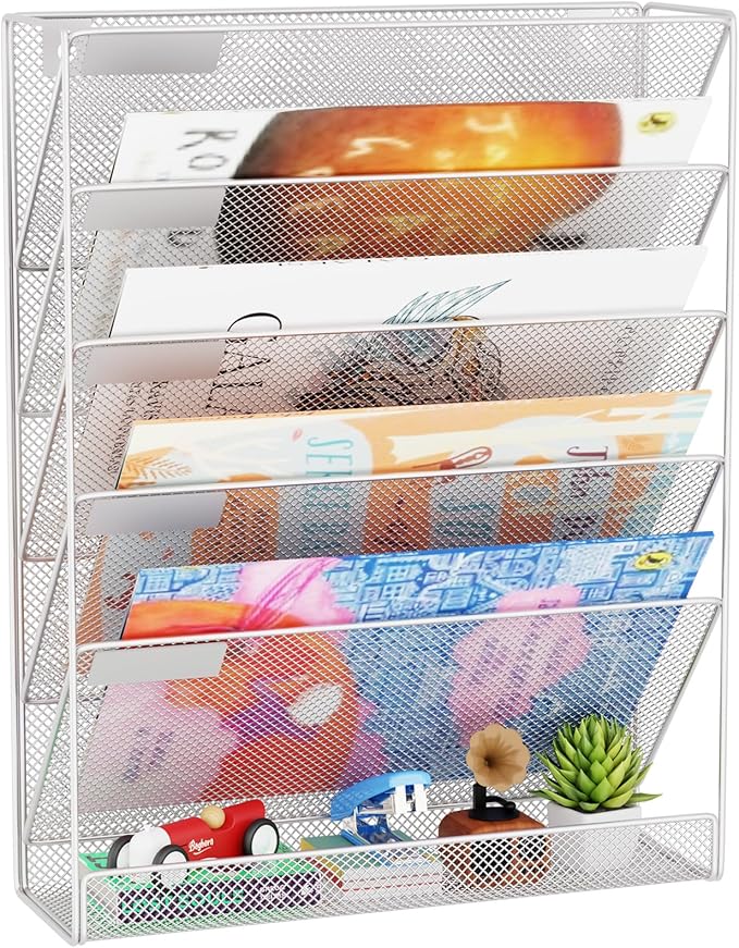GDINDINFAN Wall File Organizer Holder Mesh Hanging Paper Document Holder, Vertical 6 Pocket Tier for Office Home, Silver