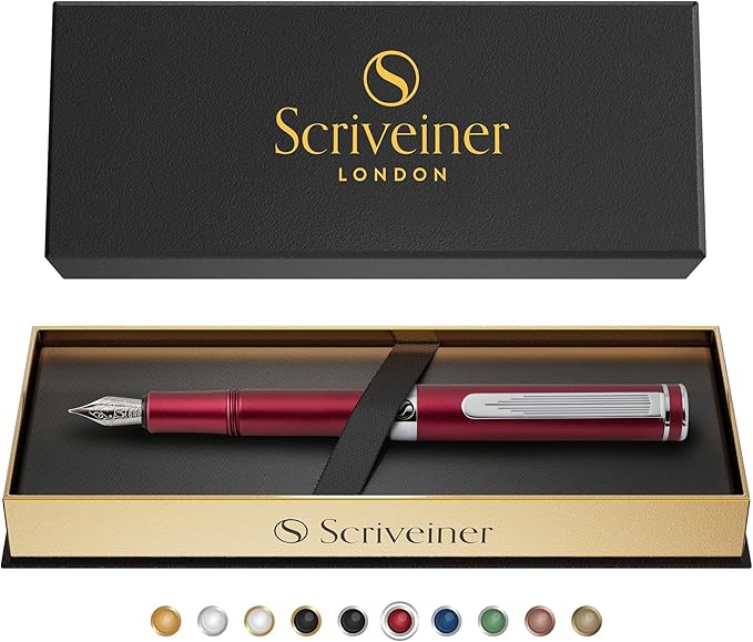 Scriveiner Luxury EDC Fountain Pen (Fine), Stunning Matt Red Pocket EDC with Chrome Finish, Schmidt German Nib, Converter, A Great Writing Gift Set for Men & Women, Nice Fancy Office Designer Pen