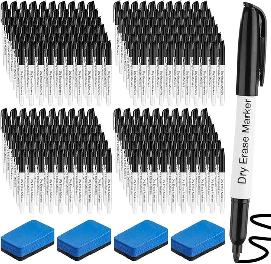 Thenshop 200 Pack Dry Erase Markers Bulk with 4 Magnetic Erasers Fine Tip Dry Erase Markers Whiteboard Pens Bulk for Office Supplies(Black)