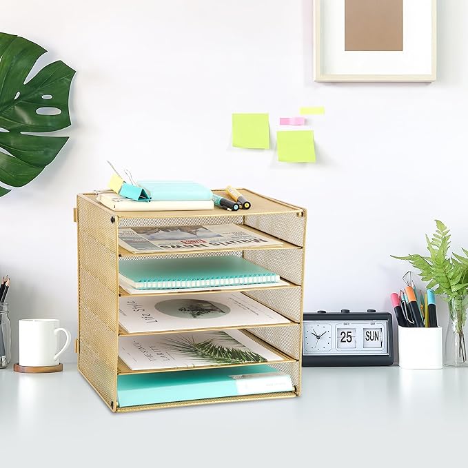 EASEPRES 5 Slot Mesh Desk Organizer Tray, File Paper Letter Folder Holder Desktop Paper Sorter Mail Organization Rack Storage Accessories, for Office Home School Classroom, Gold