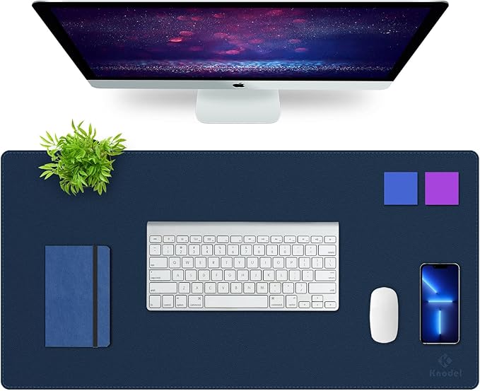 K KNODEL Desk Mat, Blotter, Dual-Sided Office Desk Pad, Waterproof Desk Mat for Desktop, Desk Blotters, PVC Leather Pad Protector (Dark Blue, 31.5" x 15.7")