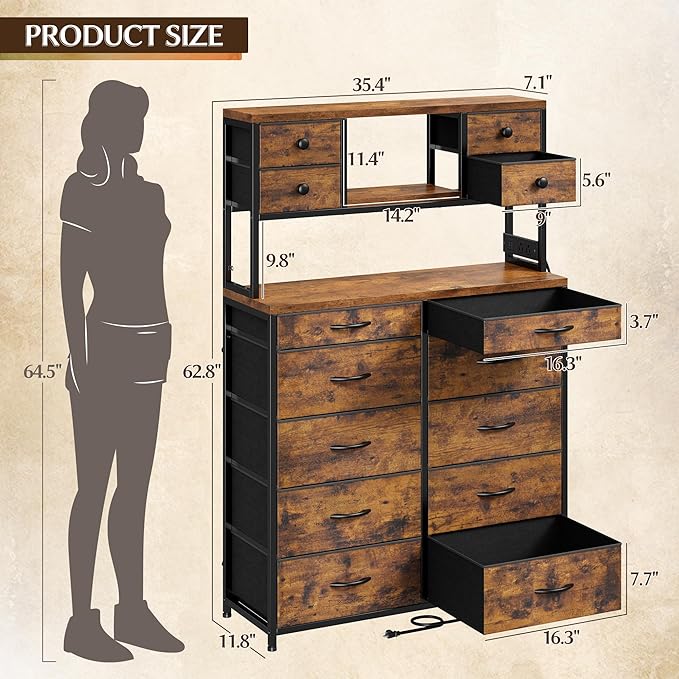 EnHomee 62.8" H Dresser for Bedroom with Multiple Drawers,Fabric Dresser with Charging Station and LED Lights,Dressers & Chests of Drawers for Bedroom, Steel Frame & Wooden Top,Rustic Brown