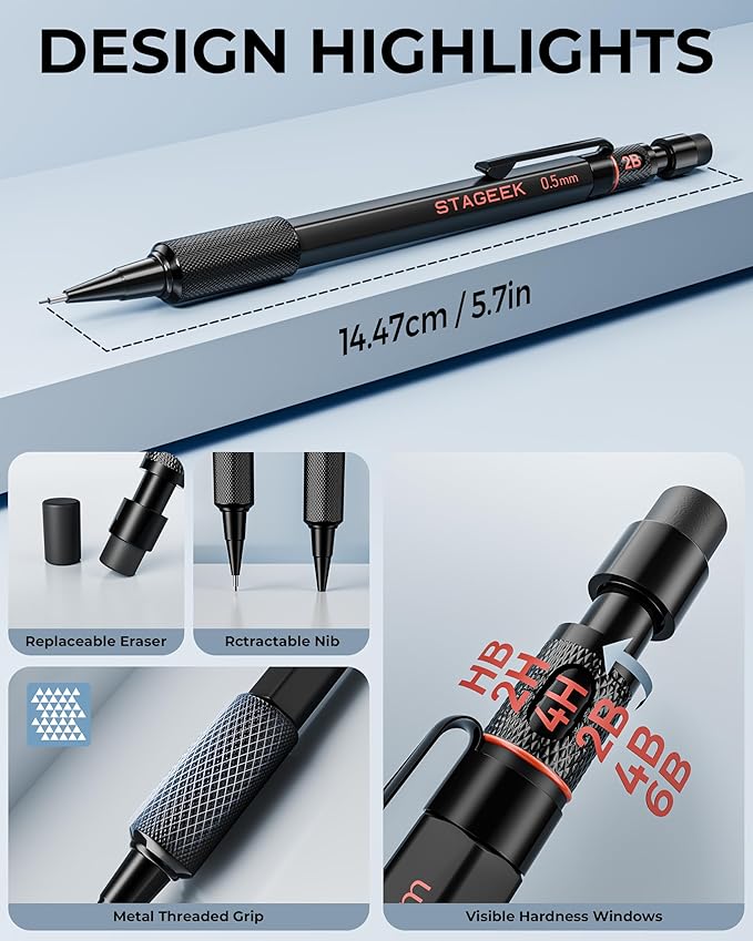 STAGEEK 0.5mm Mechanical Pencil Set, 3PCS Metal Mechanical Pencils 0.5mm with 6 Tubes HB & 2B Lead Refills, Erasers, Weatherproof Artist Pencils with Case for Outdoor Writing Drafting Drawing
