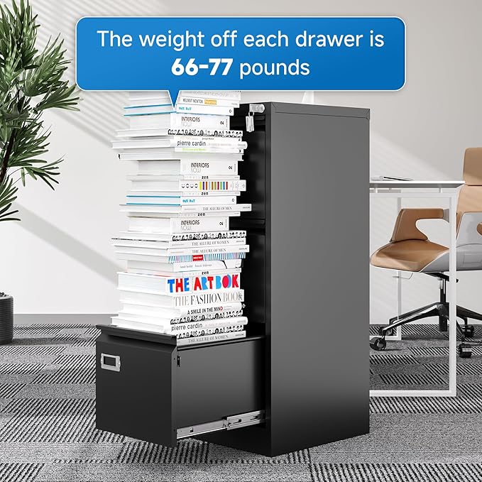 BYNSOE 3 Drawer File Cabinet with Lock Metal Vertical File Cabinet Office Home Narrow File Cabinet for A4 Legal/Letter Size,Assembly Required (Black, 3 Drawers-Vertical)