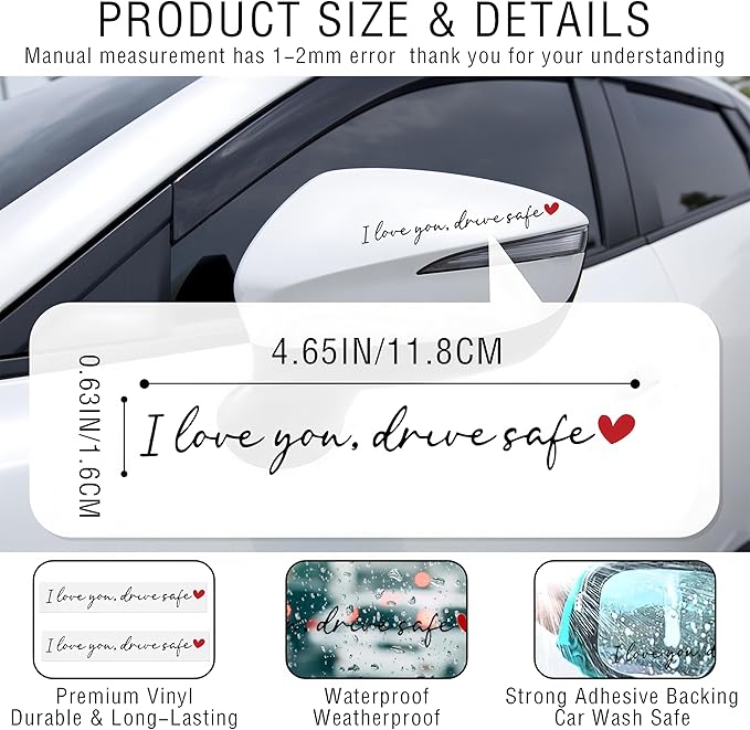 8PCS Car Stickers,I Love You Drive Safe Mirror Sticker,Cars Decals,Car Accessories Waterproof Vinyl Rearview Mirror Decal Decor,Cute Auto Stickers&Decals for Women Christmas Birthday Gift for Her/Him