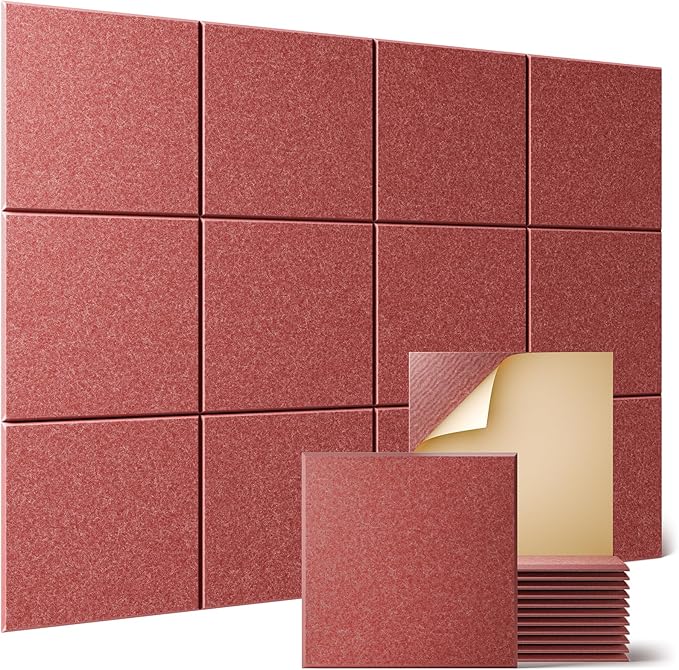 Sonicism 12 Pack Acoustic Wall Panels with Self-Adhesive, 12" X 12" X 0.4" Sound Proof Foam Panels, Decorative Soundproof Wall Panels, Sound Proof Absorbing Tiles for Home & Offices, Red