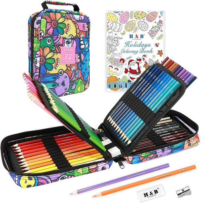 H & B Art Supplies, 72Pack Drawing Supplies for Adults, Drawing Kit with Holiday Coloring Book, Oil-Based Colored Pencils for Artists