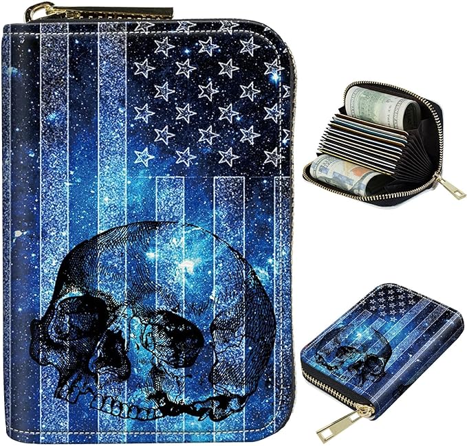 BWEGRHE Cute Credit Card Holder with Zipper, Blue Skull Flag RFID-Blocking Card Case Small Wallet for Women Men, Multi-slot Card Organizer Case Travel Accordion Wallet