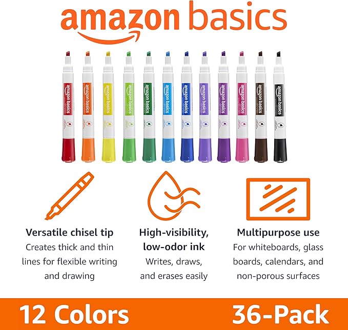 Amazon Basics Low-Odor Dry Erase Whiteboard Markers, Chisel Tip, 12 Assorted Colors, 36 Count