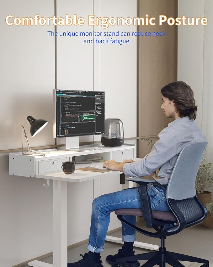 YIHAYO Electric Standing Desk with Drawers, 40 x 24 Inches Adjustable Desk with Storage Shelf, Stand Up Desk with Splice Board, Computer Table for Home Office,White Frame/White Top