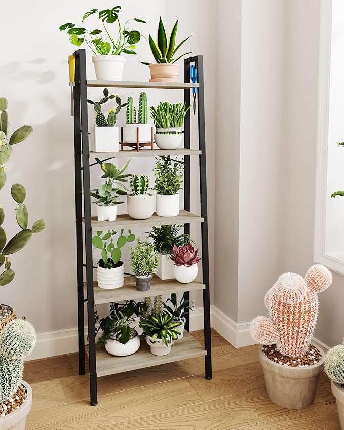 Hzuaneri Ladder Shelf, Bookshelf Bookcase, Freestanding Corner Storage Shelve with 2 Hooks for Home Office, Living Room, Kitchen, Bedroom, Industrial, 11.8" D x 23.6" W x 63" H, Greige BC19305B