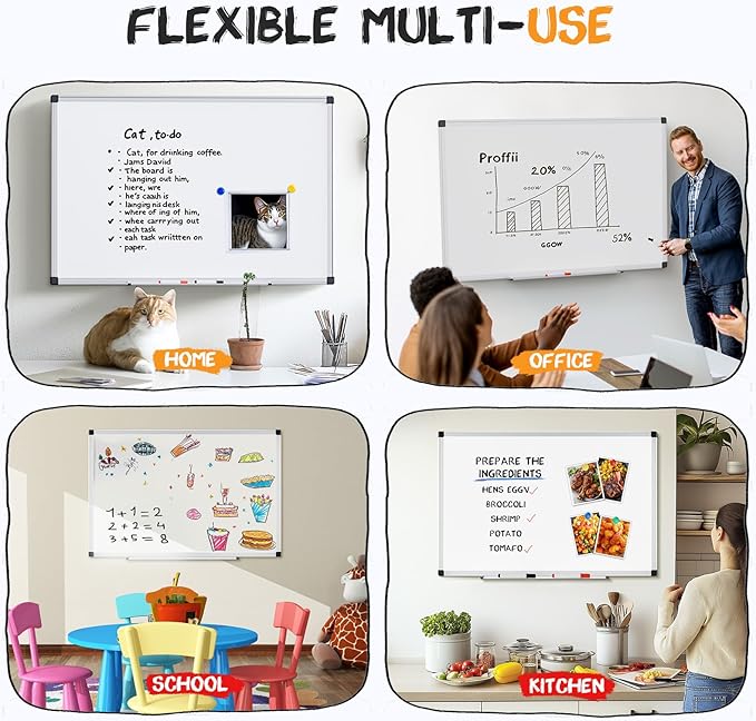 NEWBULIG White Board, 40" x 30" Magnetic Dry Erase Board for Wall with 1 Dry Eraser & 2 Multi-Color Markers & 4 Magnetic Pins, Silver Aluminum Frame for Office, Home, School