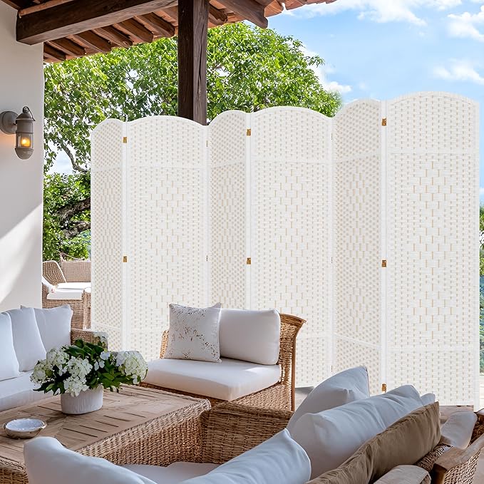 DURASPACE 6 Panel Room Divider, 6ft Tall Folding Privacy Screen, 360°Rotation, Hand-Woven Freestanding Wood Partition for Room Separation