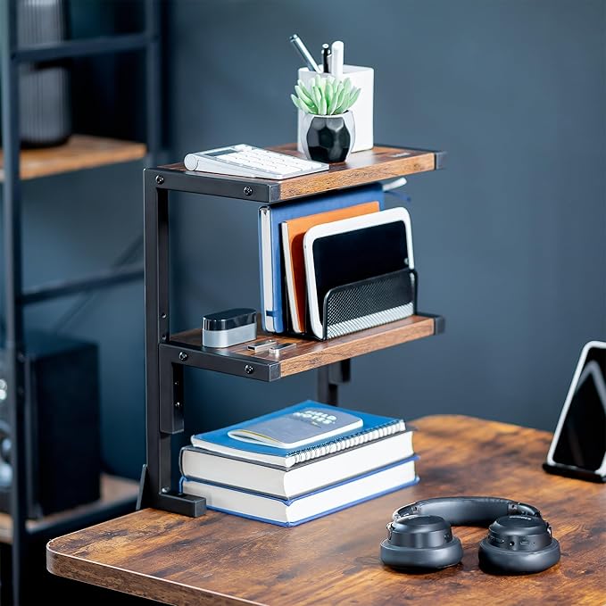 VIVO Clamp-on 13 inch Above or Below Desk 2-Tier Shelving Unit for Table Accessories, Gaming Devices, and More, Storage Tray, Desktop Organizer, Rustic Vintage Brown, STAND-SHELF2C-N