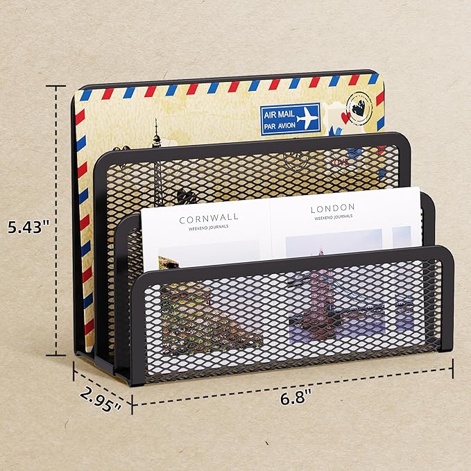 Marbrasse Mail Organizer for Desk, 3-Slot Mesh Metal Mail Holder countertop, Letter Holder, Office Desktop Envelope and Document Storage Rack (Black)