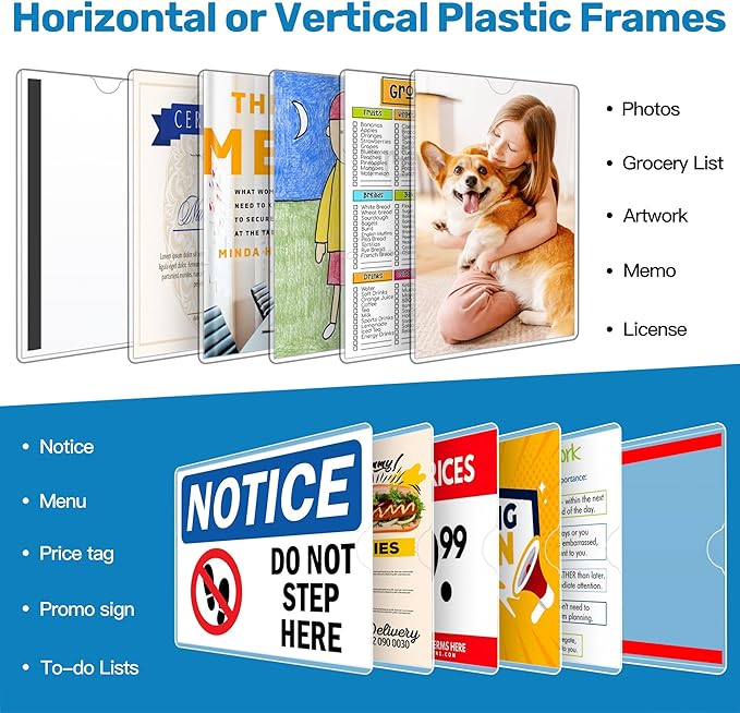 Magnetic Frames 11 x 17 Sign Holder Wall Mount 10 Pack, Rigid Clear Plastic Sign Holder with Magnet & Adhesive, Door Paper Holder for Refrigerator, Locker, Metal, Whiteboards, Windows