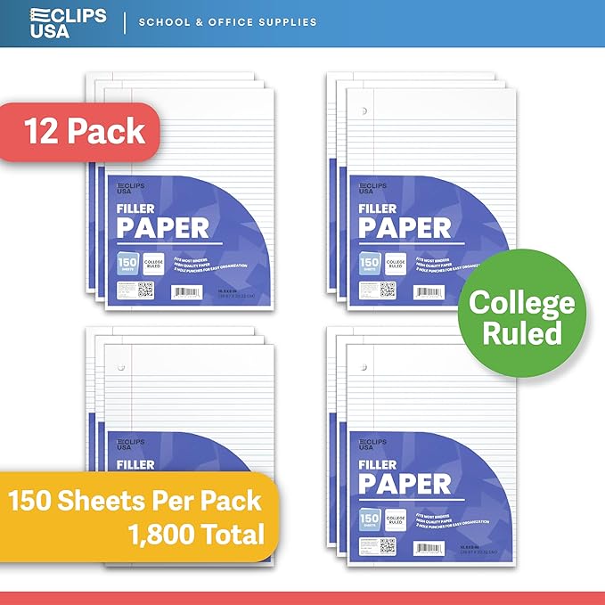 Loose Leaf Paper College Ruled Notebook Paper College Ruled Lined Writing Filler Paper 10.5” x 8” 1800 Sheets 150 Sheets Per Pack 60 gsm (12 Pack)
