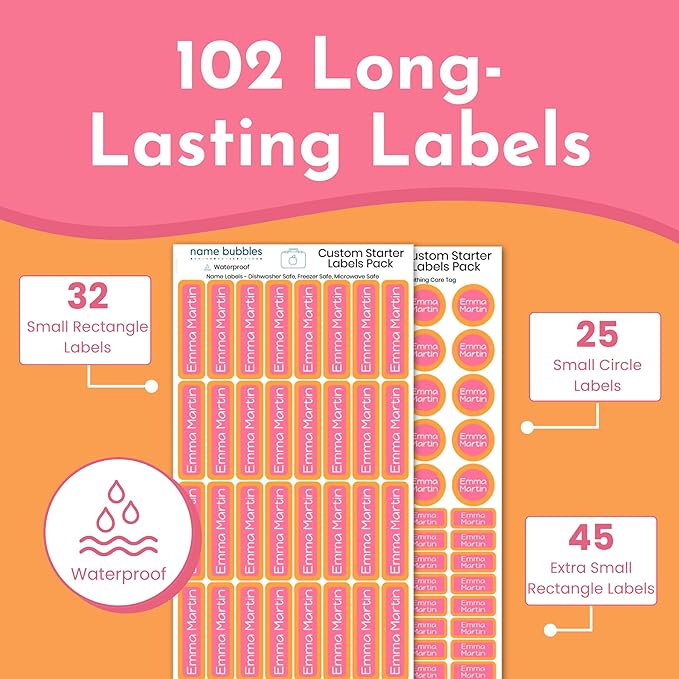Name Bubbles - Basic Daycare Name Stickers for Kids (102 Count) - Personalized Waterproof Name Labels for School Supplies, Clothing Tags, Baby Bottles, All Ages - Washable Stick-On Labels (One Color)